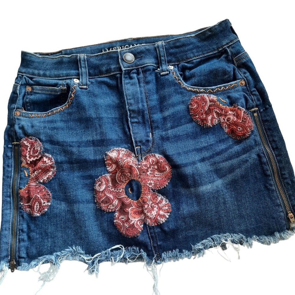 American Eagle Hi Rise Mini Altered Hand Embroidered Skirt Patchwork detail
